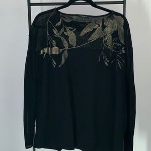 Beautiful black sweater from Lafayette 148 with delicate golden leaves design.